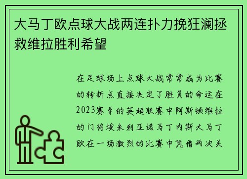 大马丁欧点球大战两连扑力挽狂澜拯救维拉胜利希望 大马丁欧点球大战两连扑力挽狂澜拯救维拉胜利希望